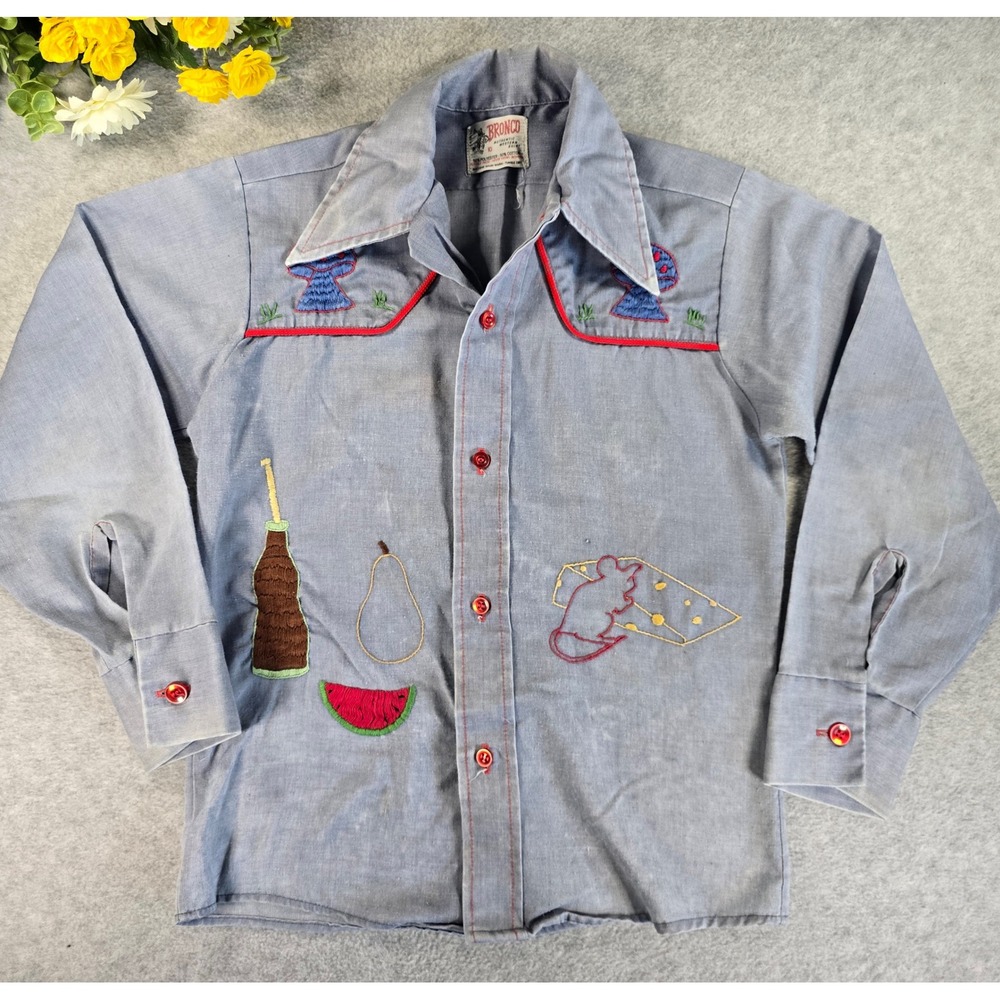 Vintage Bronco Authentic Western Shirt Hand Embroidered Mushroom Mouse Youth 10